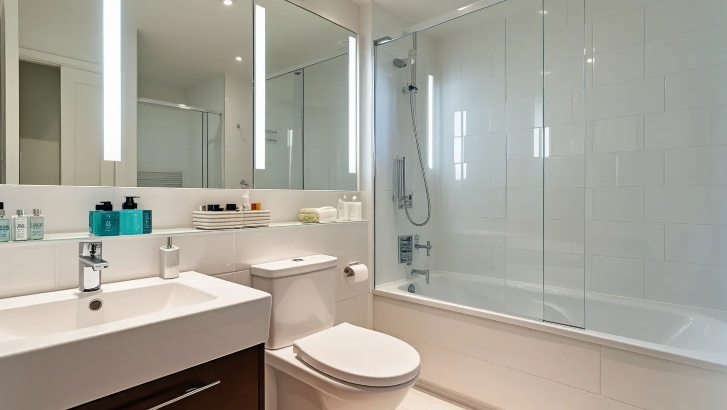 A spotless, modern bathroom with clean tiles, mirrors, and a sparkling sink, showcasing a clean bathroom checklist result.