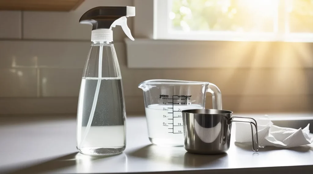 A spray bottle filled with a mixture of white vinegar and water on a countertop, used for cleaning mold from bathroom ceiling.