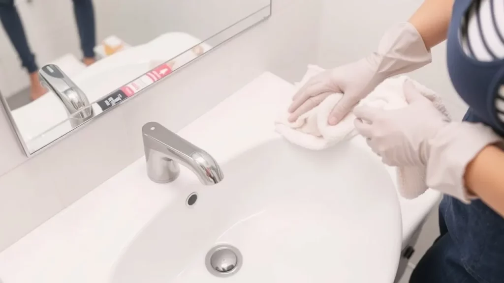 Person wiping down a bathroom sink and faucet with a cleaning cloth as part of a daily clean bathroom checklist.