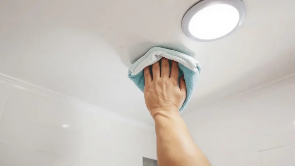 Wiping down the bathroom ceiling with a damp cloth after cleaning mold, ensuring no residue remains on bathroom ceiling.