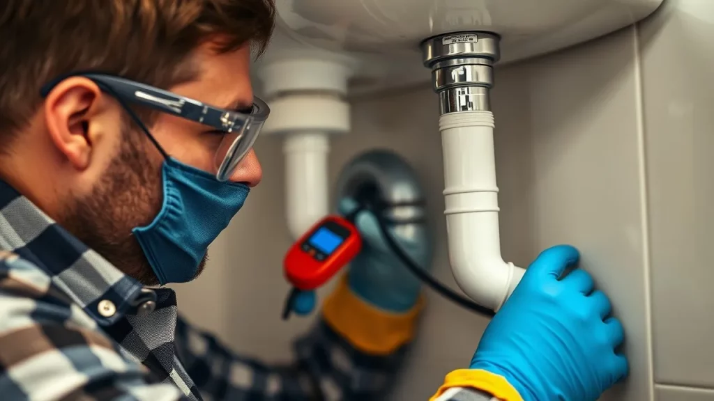 Homeowner inspecting plumbing under a bathroom sink with tools, demonstrating how to get rid of mold in bathroom ceiling.