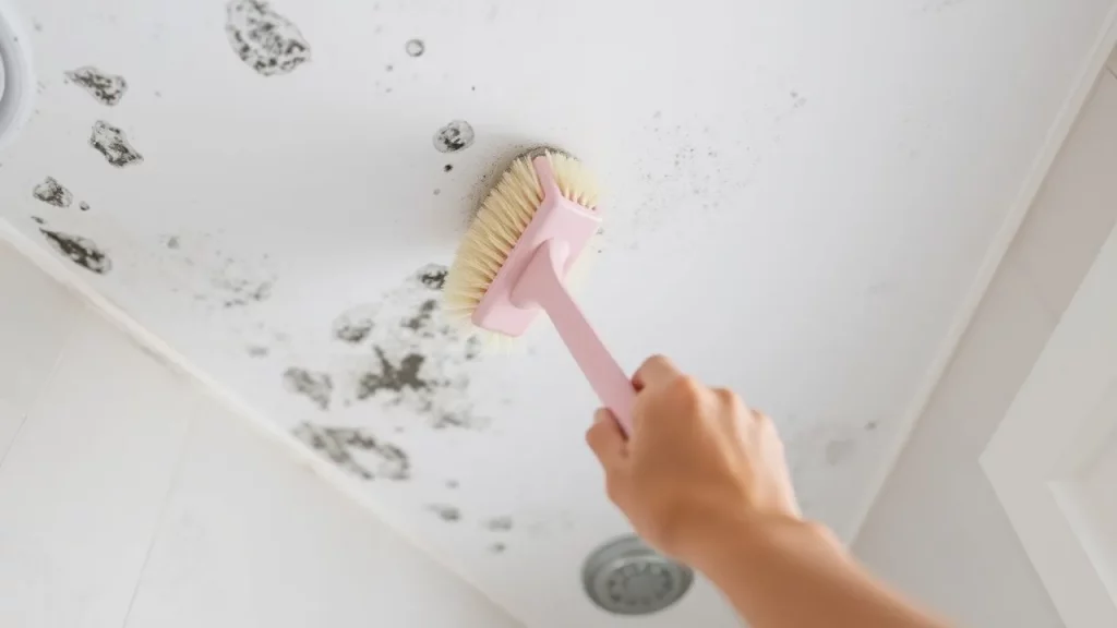 Using a soft-bristled brush to scrub mold on bathroom ceiling, effectively removing mold from bathroom ceiling.