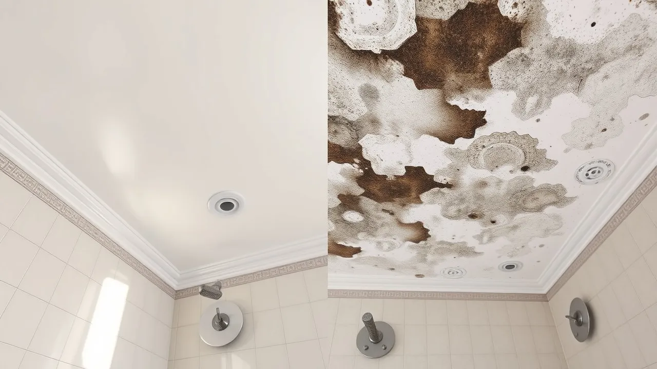 A clean and modern bathroom ceiling with visible signs of mold growth, highlighting the issue of mold on bathroom ceiling.