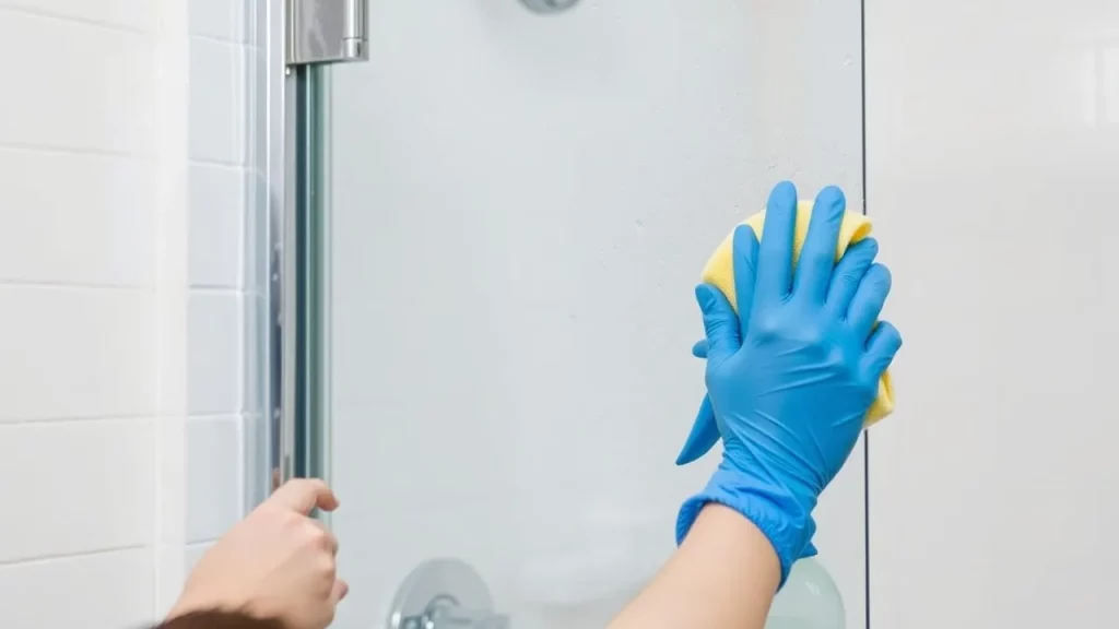 Person scrubbing a glass shower door to remove soap scum, illustrating a weekly clean bathroom checklist