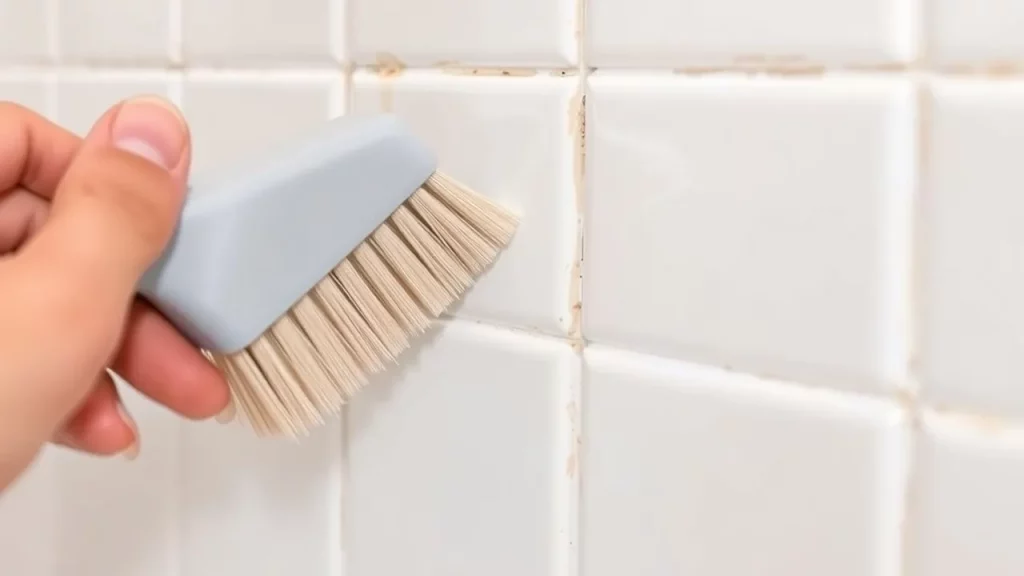 Close-up of grout being scrubbed between bathroom tiles, demonstrating a task on the deep clean bathroom checklist