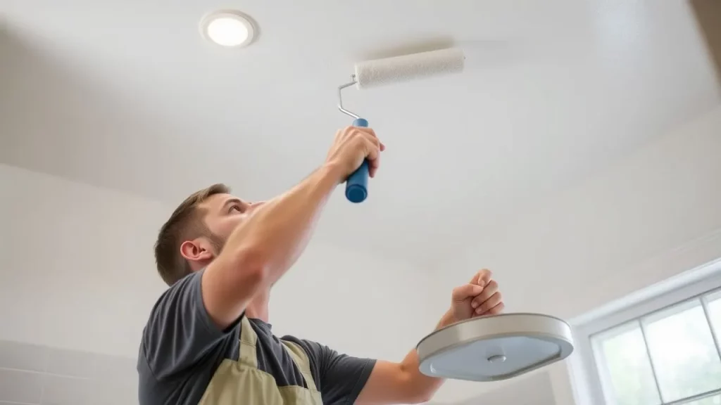 Applying mold-resistant paint to a bathroom ceiling to prevent future mold growth on bathroom ceiling.