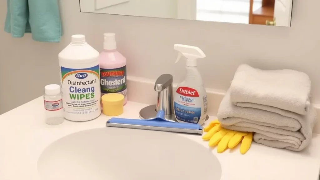 Neatly organized bathroom cleaning supplies including disinfectant wipes, a squeegee, and glass cleaner, offering tools for maintaining a clean bathroom.