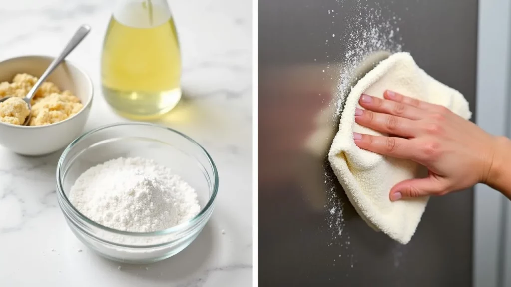 A small bowl of cornstarch with a spoon placed next to a spray bottle, ready to enhance the cleaning power of a DIY stainless steel cleaner.