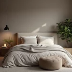 A relaxing taupe bedroom retreat with layered bedding, soft lighting, and greenery, embodying Taupe Bedroom Decorating Ideas.